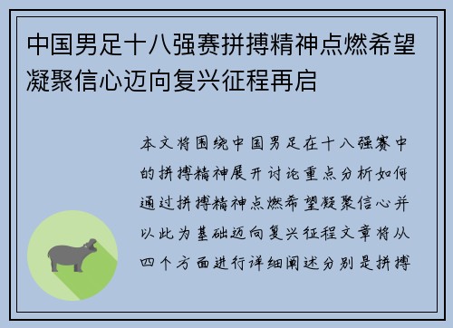 中国男足十八强赛拼搏精神点燃希望凝聚信心迈向复兴征程再启
